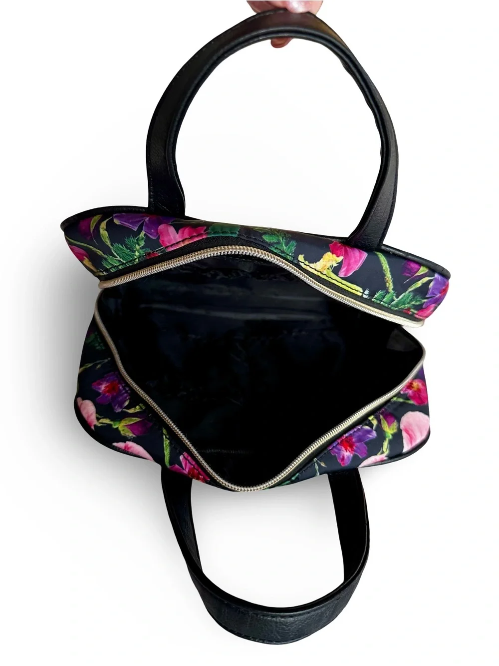 BETSEY JOHNSON Black Floral Cosmetic Bag with Pink and Red Blooms
